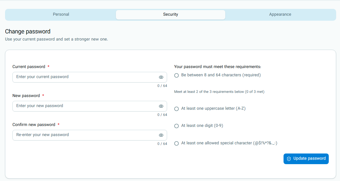Change password in the profile