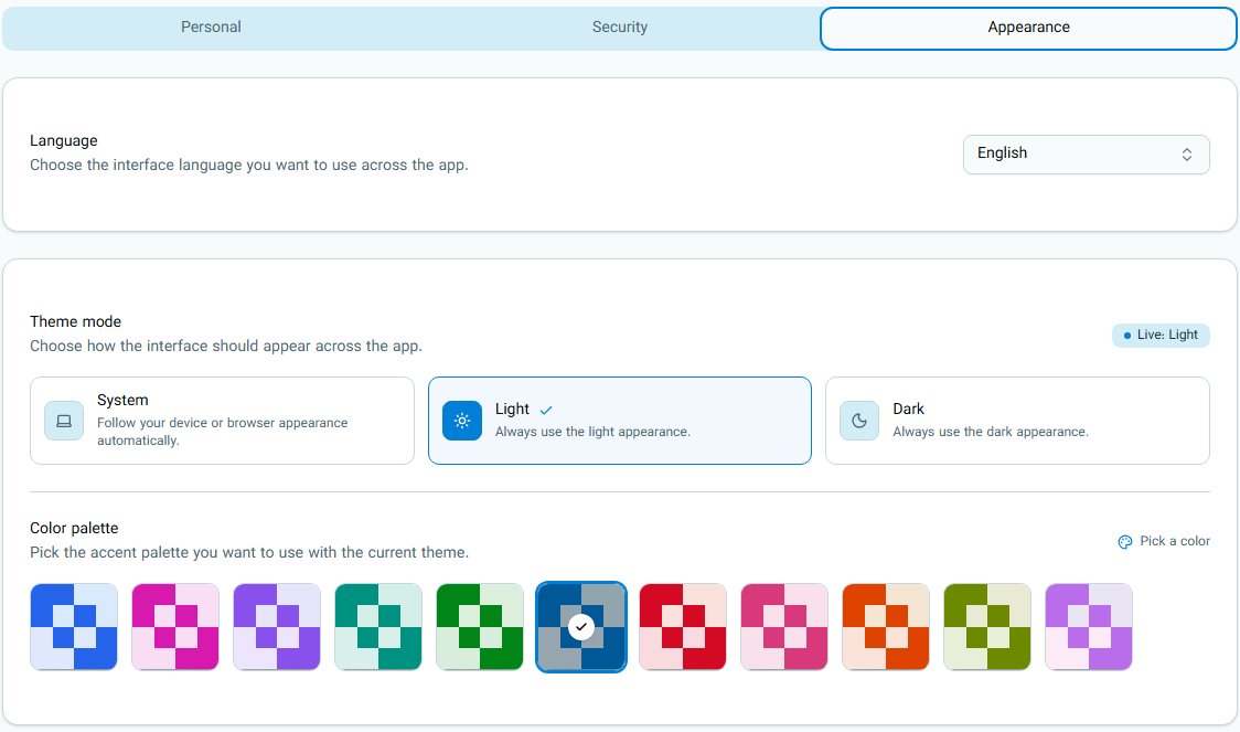 Appearance settings in the profile
